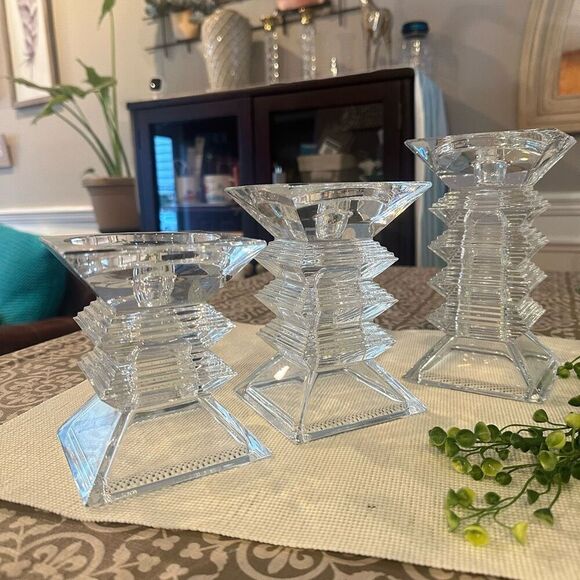 Shannon Crystal Pagoda Design 3 pc 24% Lead Crystal‎ Pillar Candle Holders NEW - Picture 1 of 8